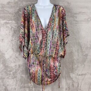 Luli‎ Fama Cover Up Womens Size Small Multicolor Boho Printed Drawstring Tunic